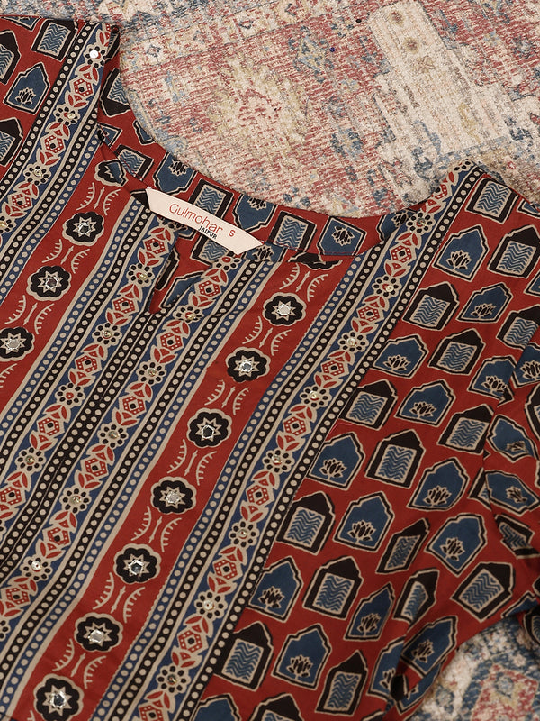 Maroon Cotton Calf Length Printed Round Neck Anarkali Kurta Suit Set
