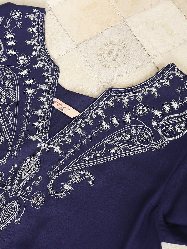 Navy Rayon Calf Length Solid V-Neck Anarkali Kurta Suit Set