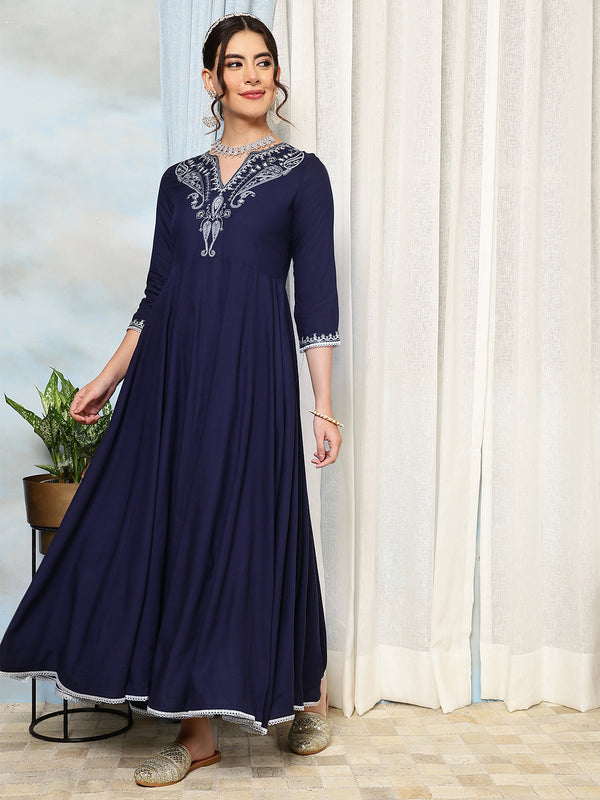 Navy Rayon Calf Length Solid V-Neck Anarkali Kurta Suit Set
