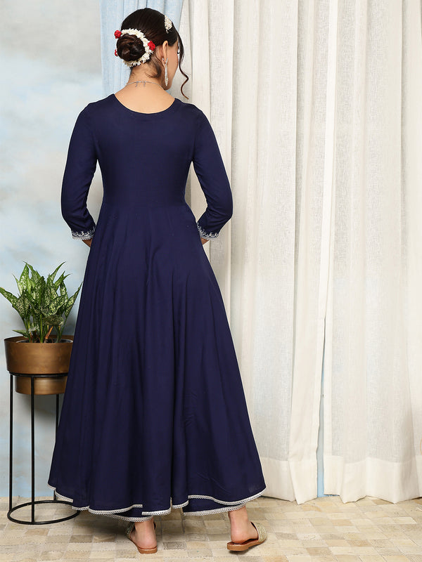 Navy Rayon Calf Length Solid V-Neck Anarkali Kurta Suit Set