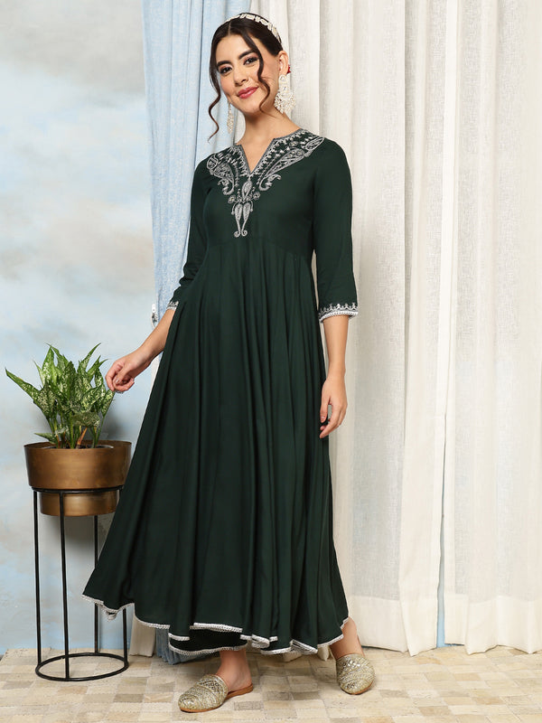 Bottle Green Rayon Calf Length Solid V-Neck Anarkali Kurta Suit Set