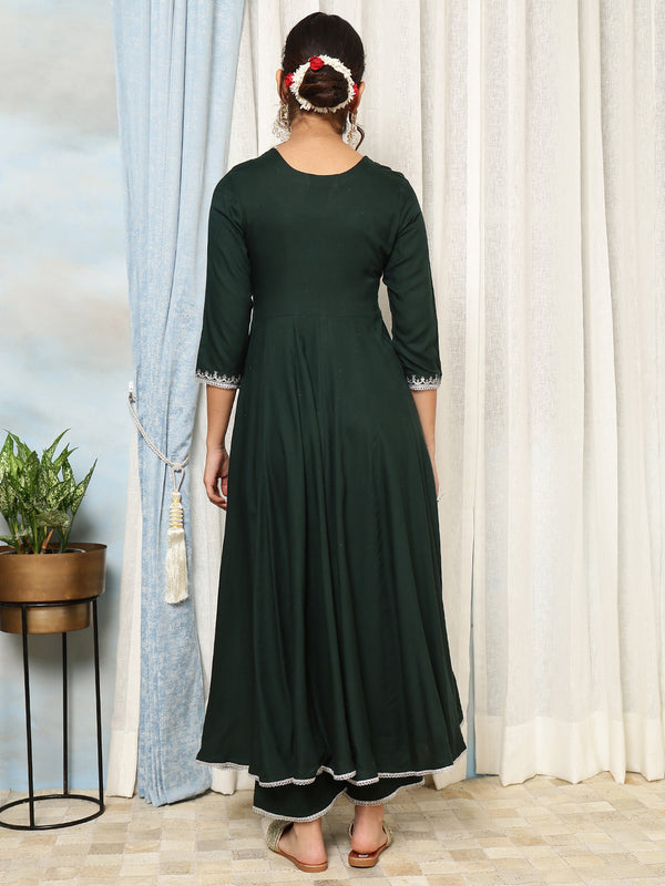 Bottle Green Rayon Calf Length Solid V-Neck Anarkali Kurta Suit Set