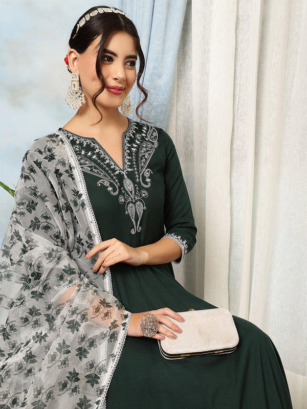 Bottle Green Rayon Calf Length Solid V-Neck Anarkali Kurta Suit Set