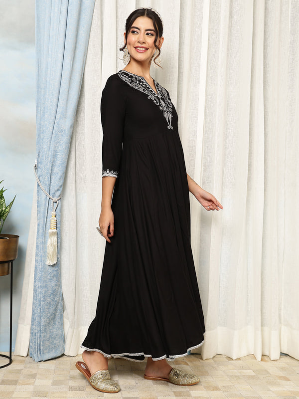Black Rayon Calf Length Solid V-Neck Anarkali Kurta Suit Set
