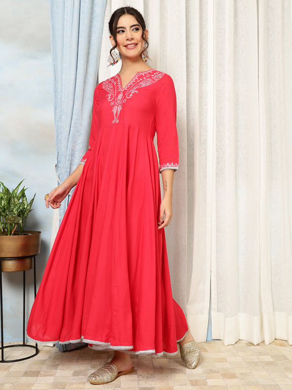 Coral Rayon Calf Length Solid V-Neck Anarkali Kurta Suit Set