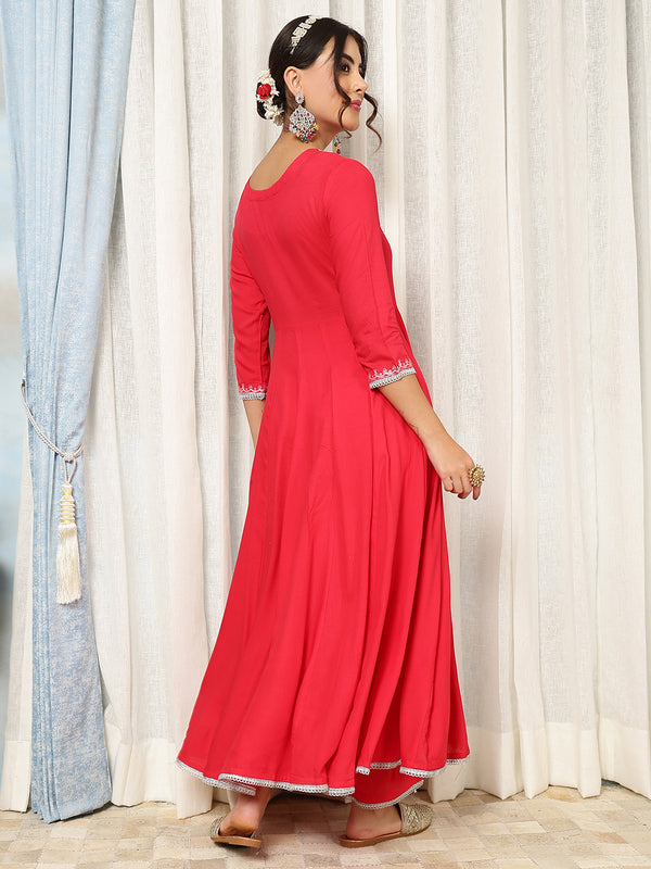Coral Rayon Calf Length Solid V-Neck Anarkali Kurta Suit Set