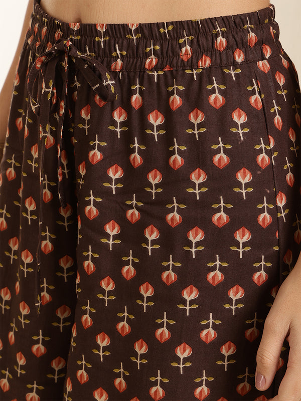 Brown Rayon Printed Sleeveless Round Neck Asymmetrical Kurta Bottom Set