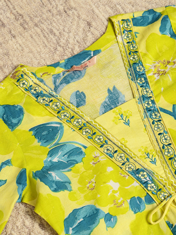 Lime Cotton Calf Length Printed V-Neck Flared Kurta Suit Set