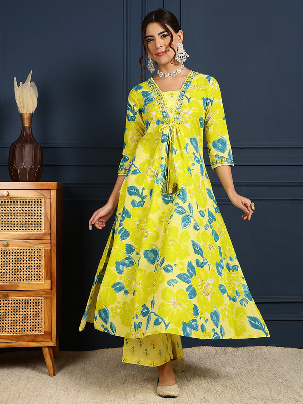 Lime Cotton Calf Length Printed V-Neck Flared Kurta Suit Set