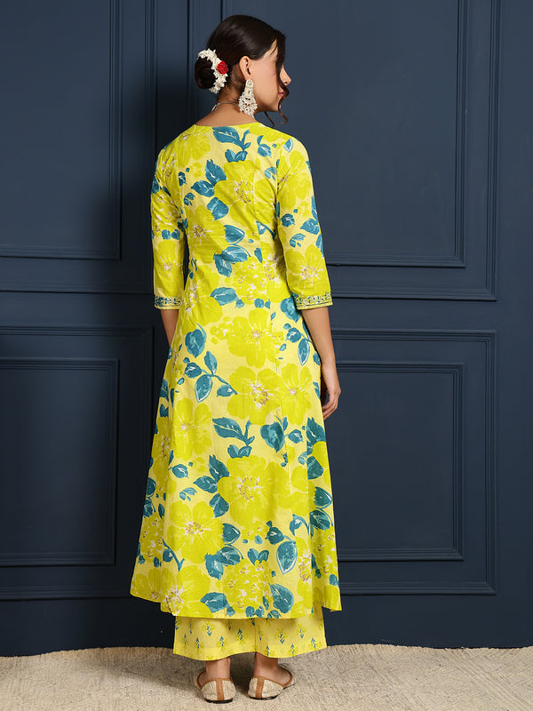 Lime Cotton Calf Length Printed V-Neck Flared Kurta Suit Set