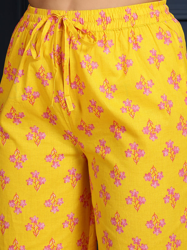 Yellow Cotton Calf Length Printed V-Neck Flared Kurta Suit Set