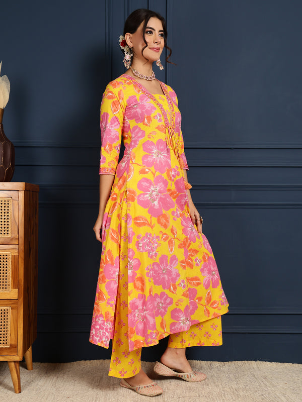 Yellow Cotton Calf Length Printed V-Neck Flared Kurta Suit Set