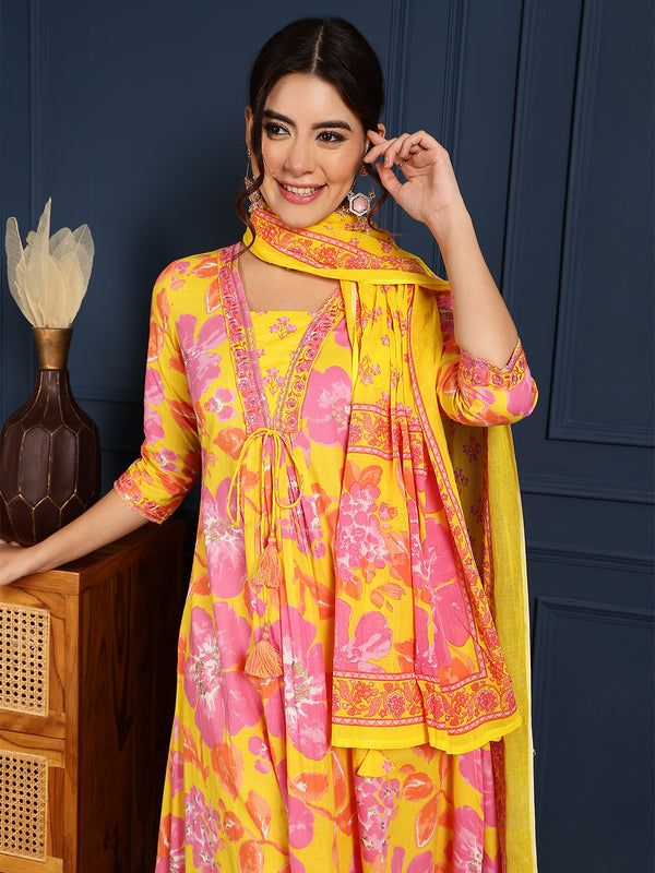 Yellow Cotton Calf Length Printed V-Neck Flared Kurta Suit Set