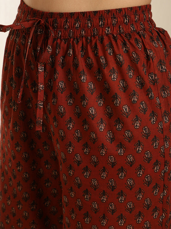 Maroon Pure Cotton Printed Keyhole Neck Anarkali Kurta Suit Set