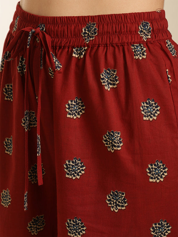 Maroon Pure Cotton Printed 3/4 Sleeves V-Neck Straight Kurta Suit Set