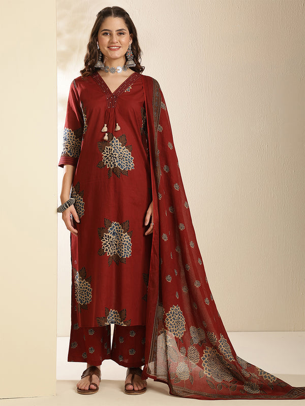 Maroon Pure Cotton Printed 3/4 Sleeves V-Neck Straight Kurta Suit Set
