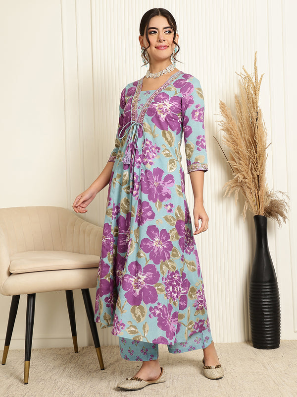 Light Blue Cotton Calf Length Printed V-Neck Flared Kurta Suit Set