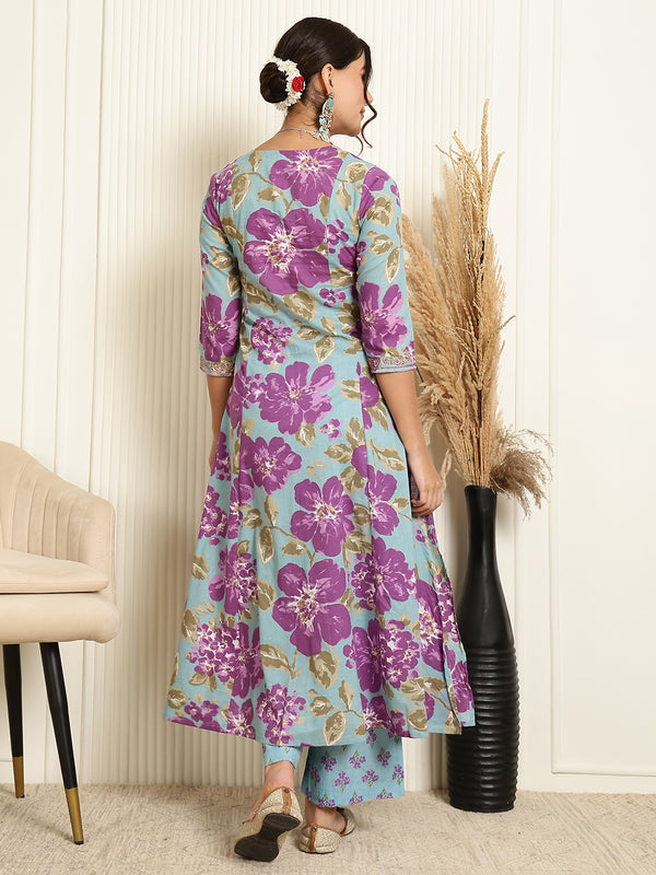 Light Blue Cotton Calf Length Printed V-Neck Flared Kurta Suit Set