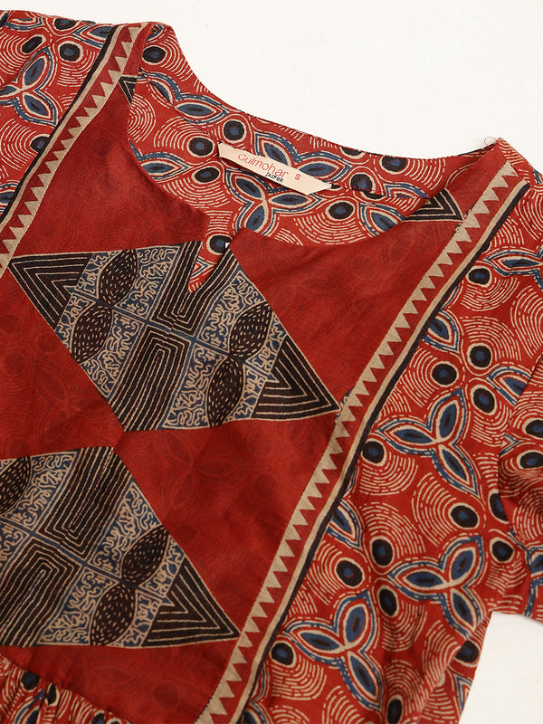 Maroon Rayon Calf Length Printed Round Neck Flared Kurta