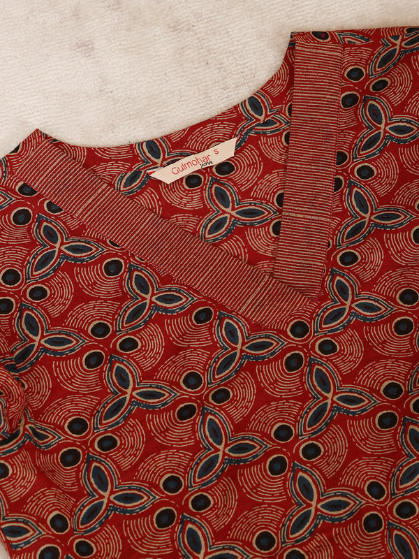Maroon Rayon Calf Length Printed V-Neck Straight Kurta