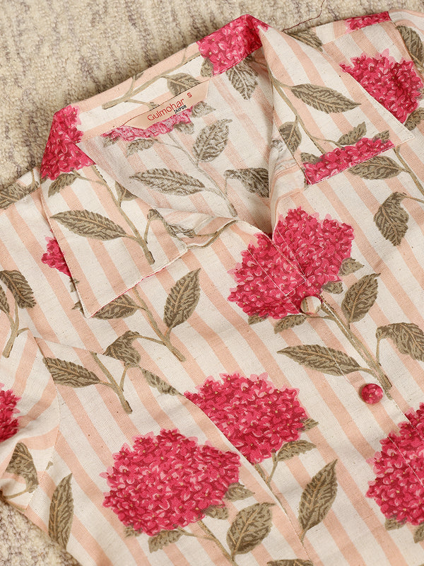 Pink Cotton Flex Calf Length Printed Shirt Coller Straight Kurta