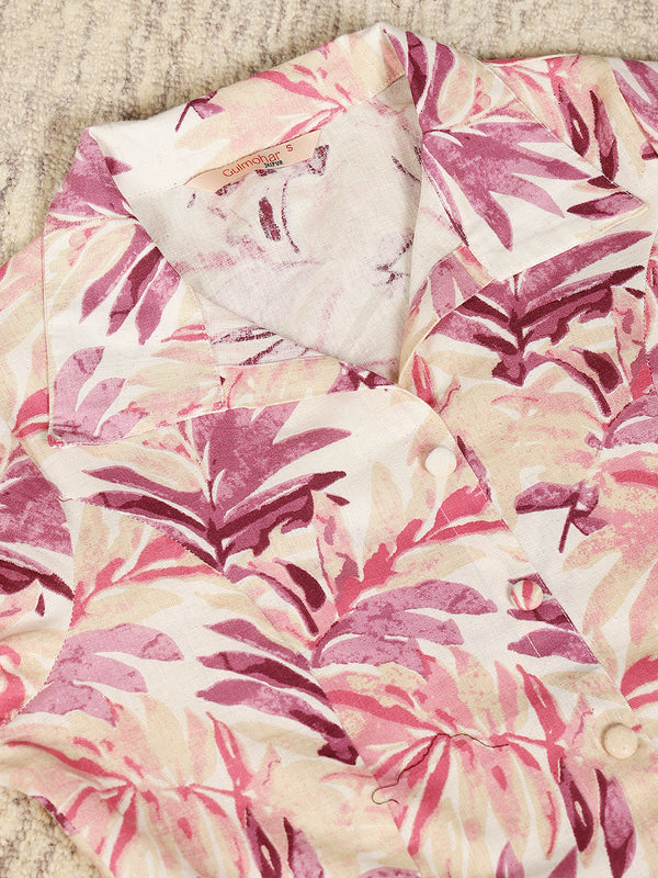 Pink Cotton Flex Calf Length Printed Shirt Coller Straight Kurta
