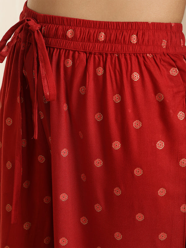 Maroon Rayon Solid 3/4 Sleeves V-Neck Anarkali Kurta Suit Set