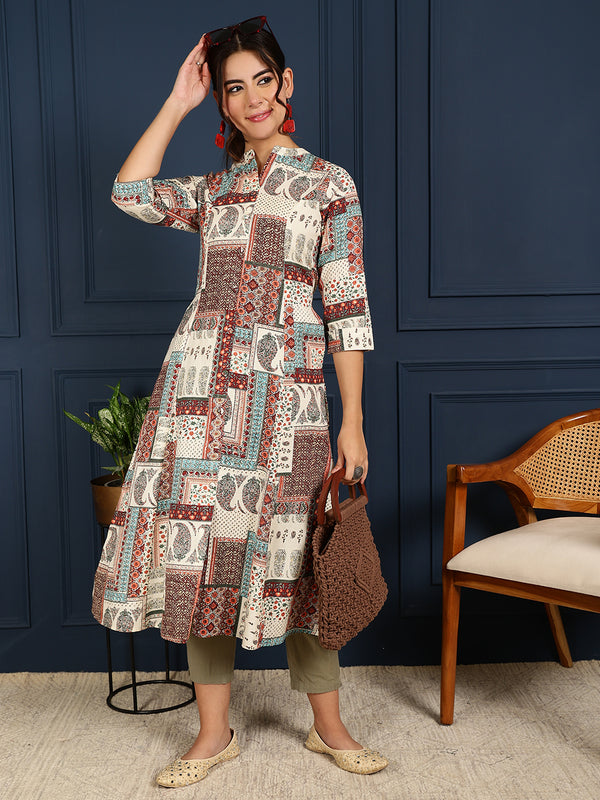 Maroon Cotton Flex Calf Length Printed Mandarin Coller A-Line Kurta