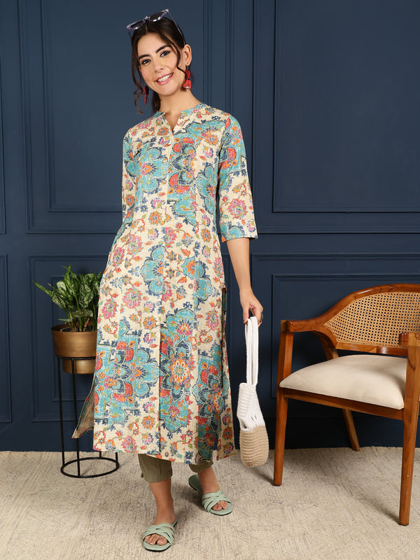 Blue Cotton Flex Calf Length Printed Mandarin Coller A-Line Kurta