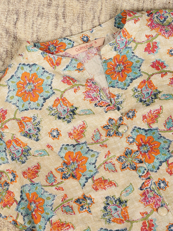 Blue Cotton Flex Calf Length Printed Mandarin Coller A-Line Kurta