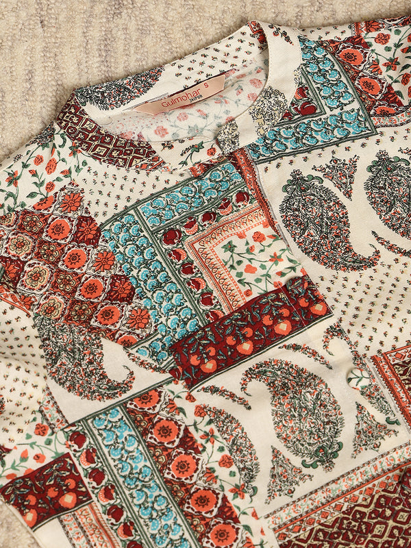 Maroon Cotton Flex Calf Length Printed Mandarin Coller A-Line Kurta