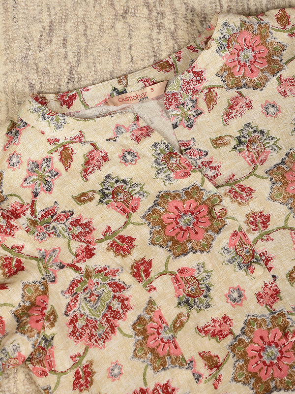 Brown Cotton Flex Calf Length Printed Mandarin Coller A-Line Kurta