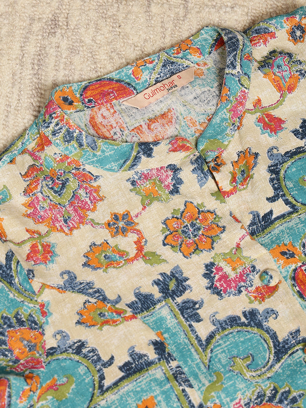 Blue Cotton Flex Calf Length Printed Mandarin Coller A-Line Kurta