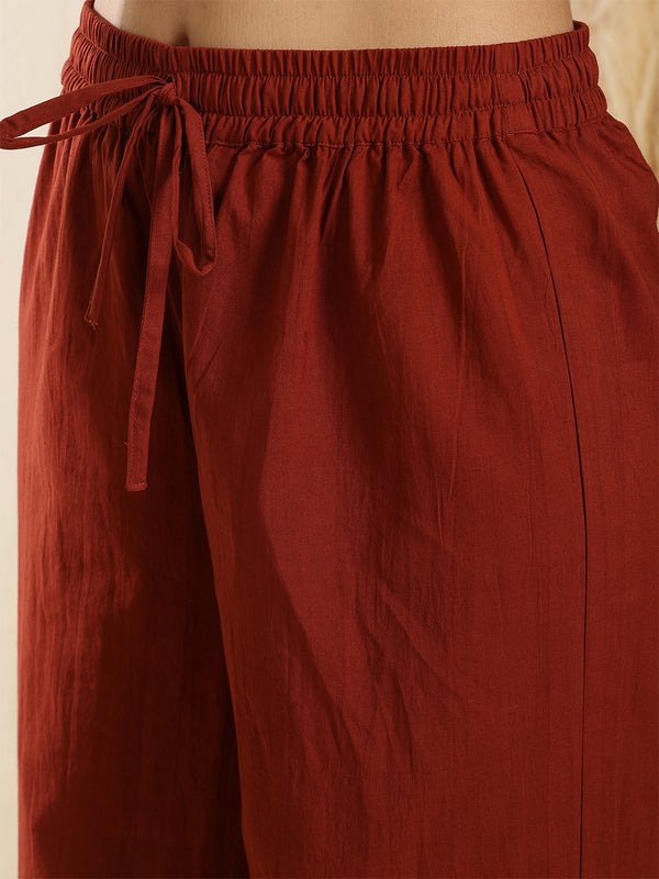 Maroon Pure Cotton Solid 3/4 Sleeves Key Hole Neck Anarkali Kurta Suit Set