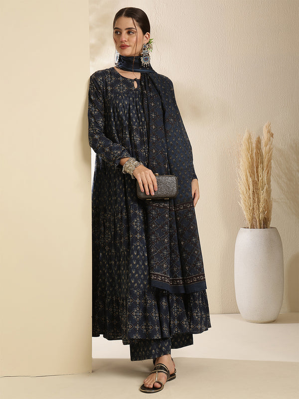 Maroon Pure Cotton Printed Keyhole Neck Anarkali Kurta Suit Set