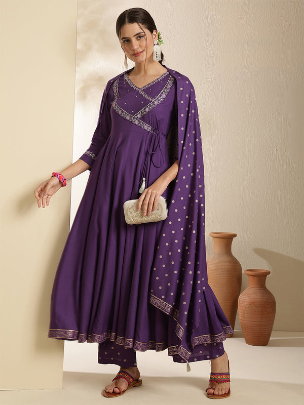 Maroon Rayon Solid 3/4 Sleeves V-Neck Anarkali Kurta Suit Set