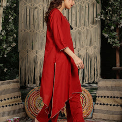 Gulmohar Jaipur Rayon Knee Length Solid 3/4 Sleeve Round Neck Asymmetrical Kurta Suit Set