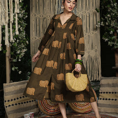 Gulmohar Jaipur Cotton Calf Length Printed Full Sleeve Shirt Collar Flared Dress