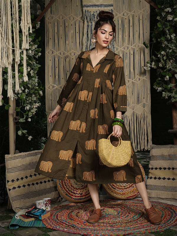Gulmohar Jaipur Cotton Calf Length Printed Full Sleeve Shirt Collar Flared Dress