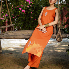 Gulmohar Jaipur Rayon Calf Length Solid Sleeveless Round Neck Straight Kurta Suit Set