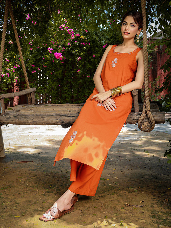 Gulmohar Jaipur Rayon Calf Length Solid Sleeveless Round Neck Straight Kurta Suit Set
