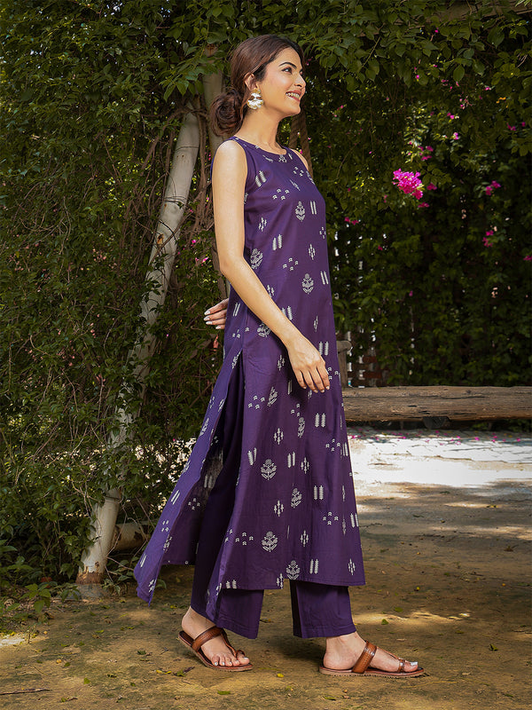 Gulmohar Jaipur Rayon Calf Length Printed Sleeveless Round Neck A-Line Kurta Suit Set