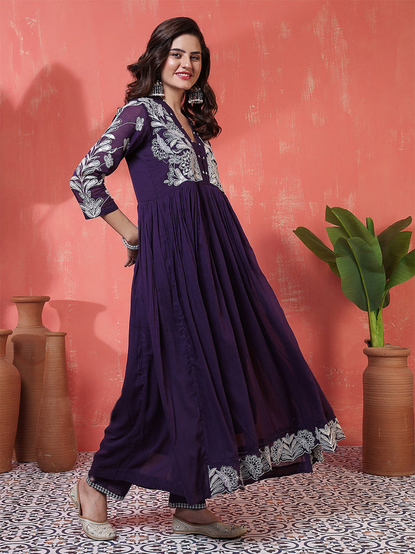 Purple Cotton Calf Length Solid 3/4 Sleeves V-Neck Anarkali Kurta Suit Set