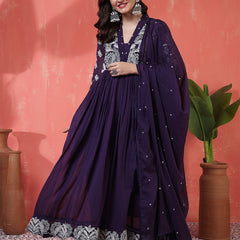 Purple Cotton Calf Length Solid 3/4 Sleeves V-Neck Anarkali Kurta Suit Set