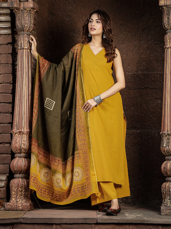 Gulmohar Jaipur Rayon Calf Length Solid Sleeveless V-Neck Straight Kurta Suit Set