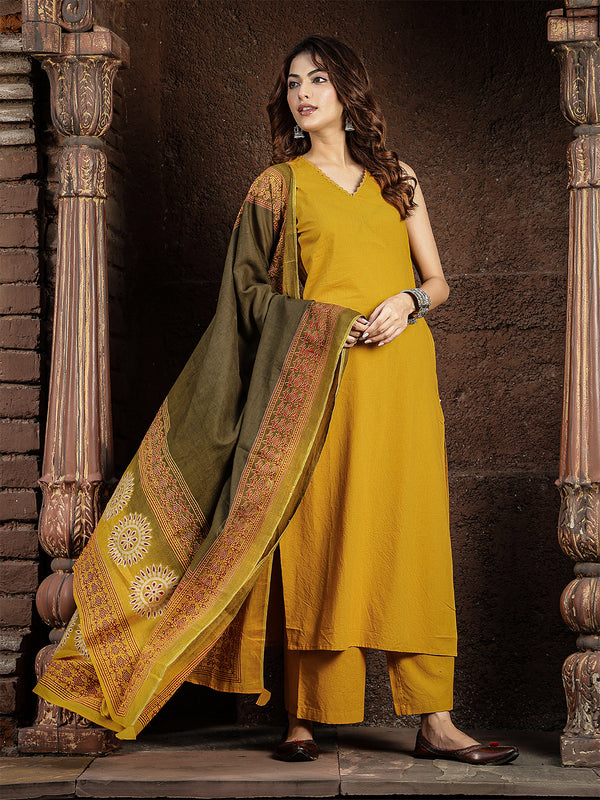Gulmohar Jaipur Rayon Calf Length Solid Sleeveless V-Neck Straight Kurta Suit Set