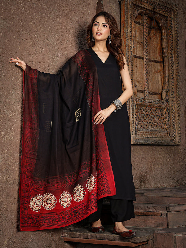 Gulmohar Jaipur Rayon Calf Length Solid Sleeveless V-Neck Straight Kurta Suit Set