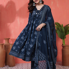 Navy Rayon Calf Length Printed 3/4 Sleeves V-Neck Semi-Flared Kurta Suit Set