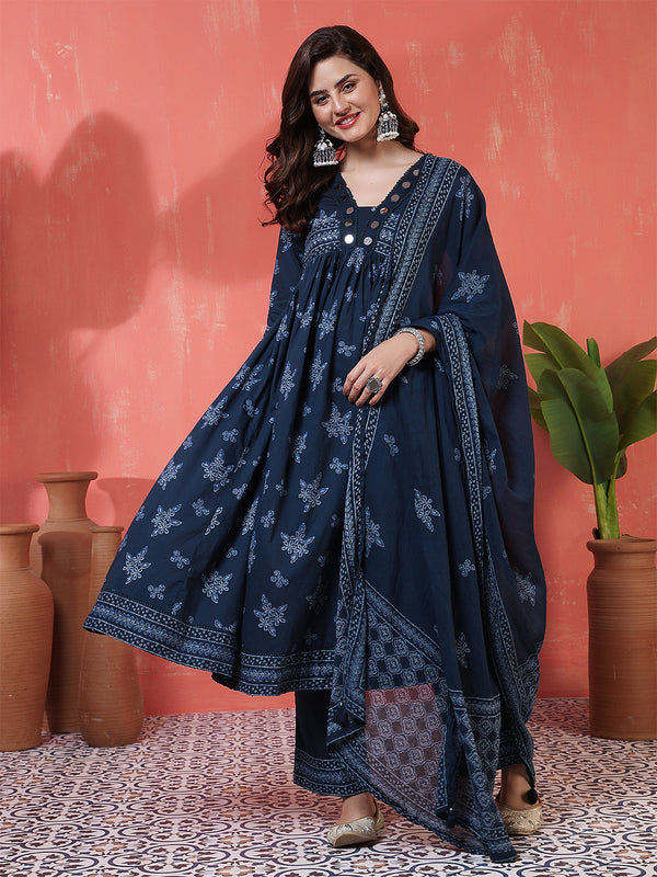 Navy Rayon Calf Length Printed 3/4 Sleeves V-Neck Semi-Flared Kurta Suit Set