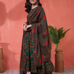 Cotton Calf Length Printed 3/4 Sleeves Key Hole Neck Anarkali Kurta Suit Set